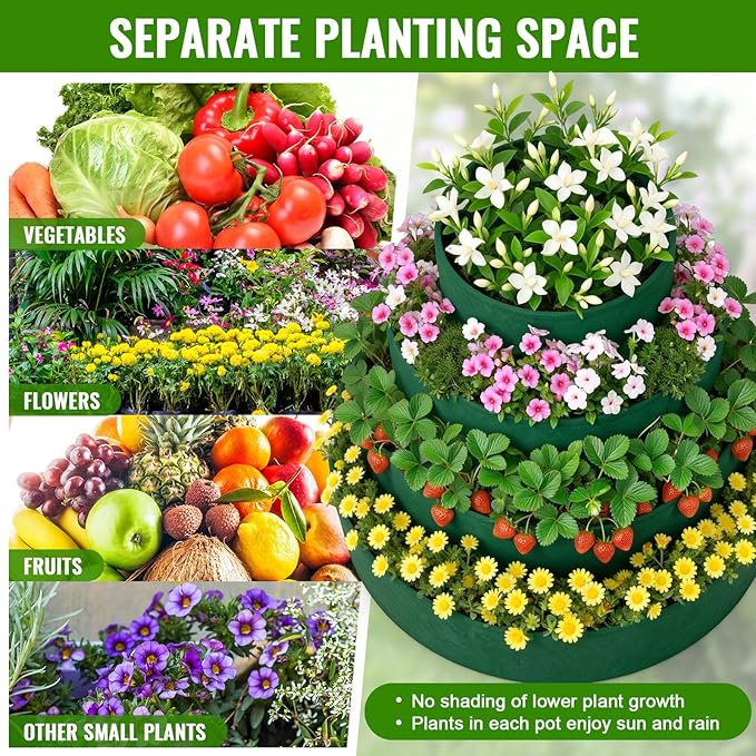4 Pcs Plant Grow Bags 4 Tiered Strawberry Planter Tower Fabric Raised Garden Beds, 39 Inch Nonwoven Strawberry Pyramid Planter for Vegetables Flower Herbs Gardening Outdoor Growing (Green)