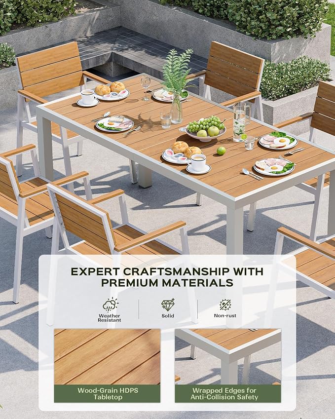 5-Piece Outdoor Dining Set, Aluminum Dining Table Set for 4, Patio Table and Chairs Set with Umbrella Hole, All Weather HDPS Outdoor Table and Chairs for 4 (White-Teak)
