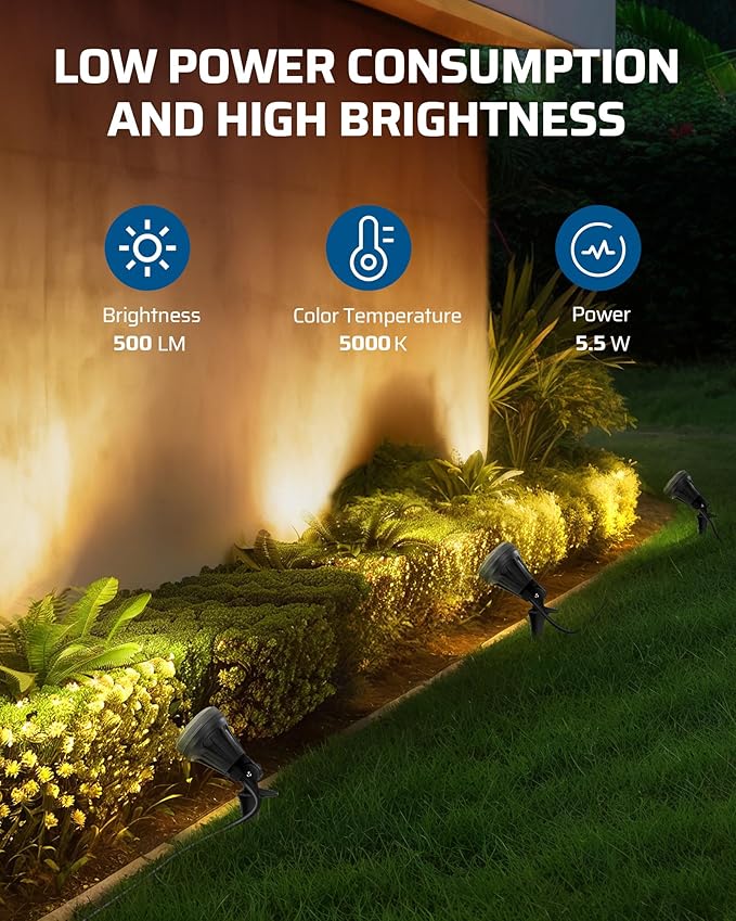 DEWENWILS 120V LED Outdoor Spotlight, 3 Extra Lenses (Red Green Yellow), 5.5W 5000K Plug in Spotlight, Waterproof Landscape Light for Yard, Tree Flag, Holiday, 5FT Extension Cord, UL Listed