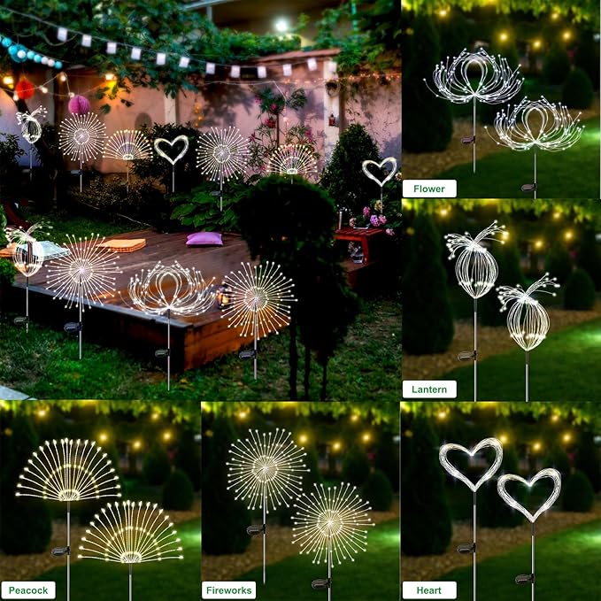 Solar Garden Lights Outdoor Waterproof, 2 Pack 120 LED Solar Firework Lights Decorative Garden Décor Outside for Flowerbed Pathway Party Christmas Decoration, White