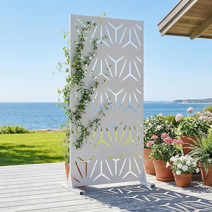 Casaphoria Metal Privacy Screen Outdoor, 60" H x 30" W Freestanding Decorative Privacy Screen for Patio Deck Balcony Garden with Stable Base, White-Star