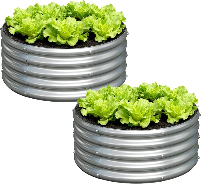 2x2x1ft(2 Pack) Galvanized Round Raised Garden Bed,Outdoor Planter Box Metal Patio Kit Planting Bed for Vegetables Flowers Herb,Silver