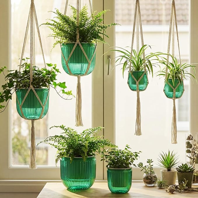 6 Pack Self Watering Hanging Planters Indoor Flower Pots(4.5"+6.5") Visible Water Level Markers 3 Hanging Ropes with Drainage Holes for Indoor Outdoor Garden Home Decor Supplies(Emerald)