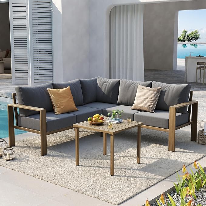 UDPATIO 6 Piece Patio Furniture Set, Faux Wood Metal Outdoor Sectional Sofa with 6" Thick Olefin Cushions, Wide Armrest & Coffee Table, L Shaped Outdoor Furniture for Garden, Backyard Dark Grey