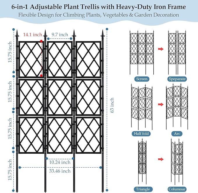 5.25FT Metal Garden Trellis for Climbing Plants Outdoor and Indoor, Black Iron Pipe Support Fence Climbing Plant Frame Wall Trellis with Garden Twist Tie for Ivy Vines Vegetable Flower