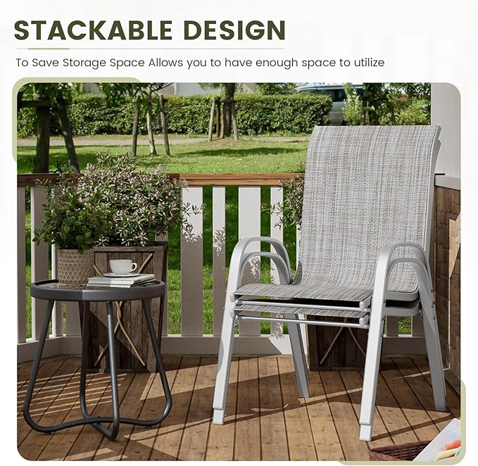 UDPATIO Patio Chairs Set of 2, Stackable Silver Outdoor Dining Chairs with High Back, Breathable Textilene Fabric Outdoor Chair All Weather, 350LBS Capacity for Garden, Backyard (Light Grey)