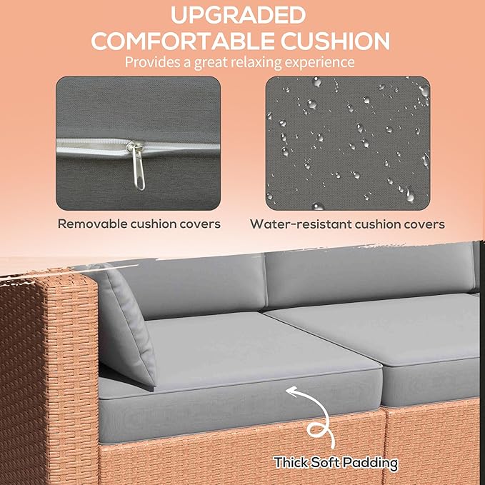 Outsunny Patio Couch PE Wicker Deep Seating Outdoor Sofa with Removable Cushions, 3 Seater Rattan Sofa, Outdoor Furniture for Balcony, Deck, Garden and Poolside, Sand