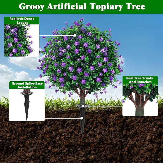 Artificial Boxwood Topiary Tree with Flower, Set of 2 Artificial Shrub Bushes with Ground Spike, Fake Evergreen Tree for Porch, Artificial Plants for Outdoor Planters Indoor UV Resistant
