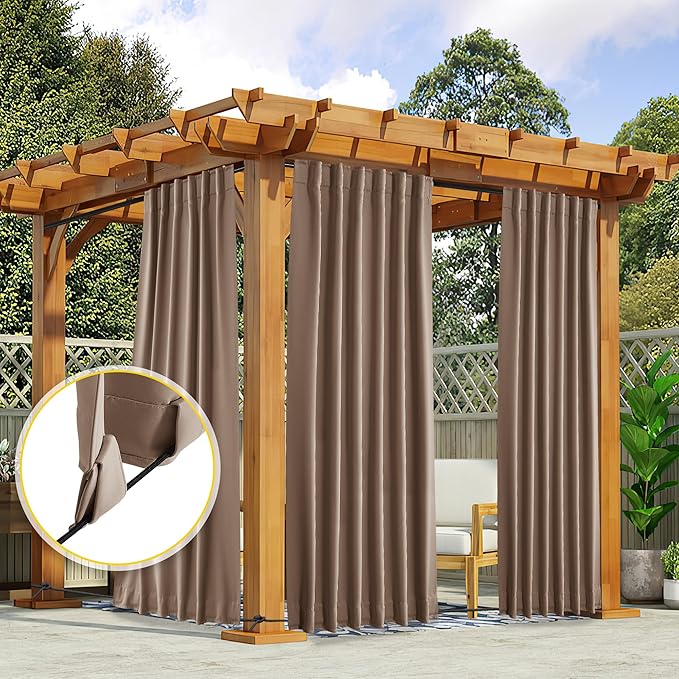 NICETOWN 2 Panels Waterproof Outdoor Curtains Fixed Pocket & Back Tab on Top & Bottom, Thermal Insulated Keep Rain & Sun Out Blackout Windproof Outdoor Drapes with Rope, W52 x L108, Tan-Khaki