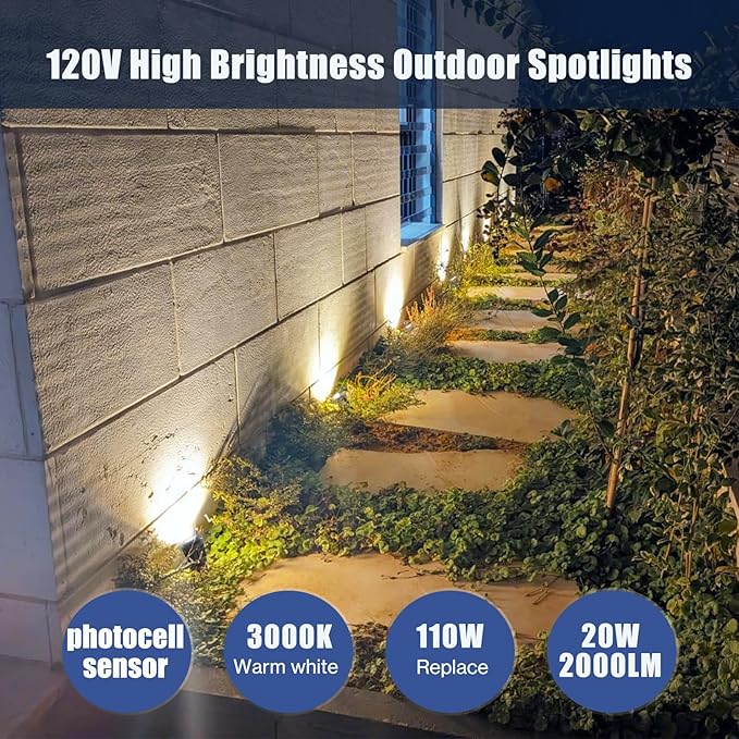 20W Dusk to Dawn Led Outdoor Light 120V 3000K 2000lm Warm White LED Spot Lights Outdoor Landscape Spotlights with Photocell Sensor IP65 Waterproof Spot Lights for Yard Flag Garden Tree, 2 Pack
