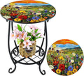 Outdoor Side Table Round Small Mosaic Patio Accent Indoor End Plant Coffee Tea Table for Yard Patio Porch Garden Living Room, Bedroom(Flower Style,14 Inch)