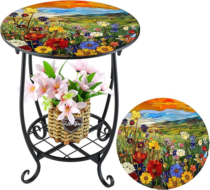 Outdoor Side Table Round Small Mosaic Patio Accent Indoor End Plant Coffee Tea Table for Yard Patio Porch Garden Living Room, Bedroom(Sunset Wildflowers Style,12 Inch)