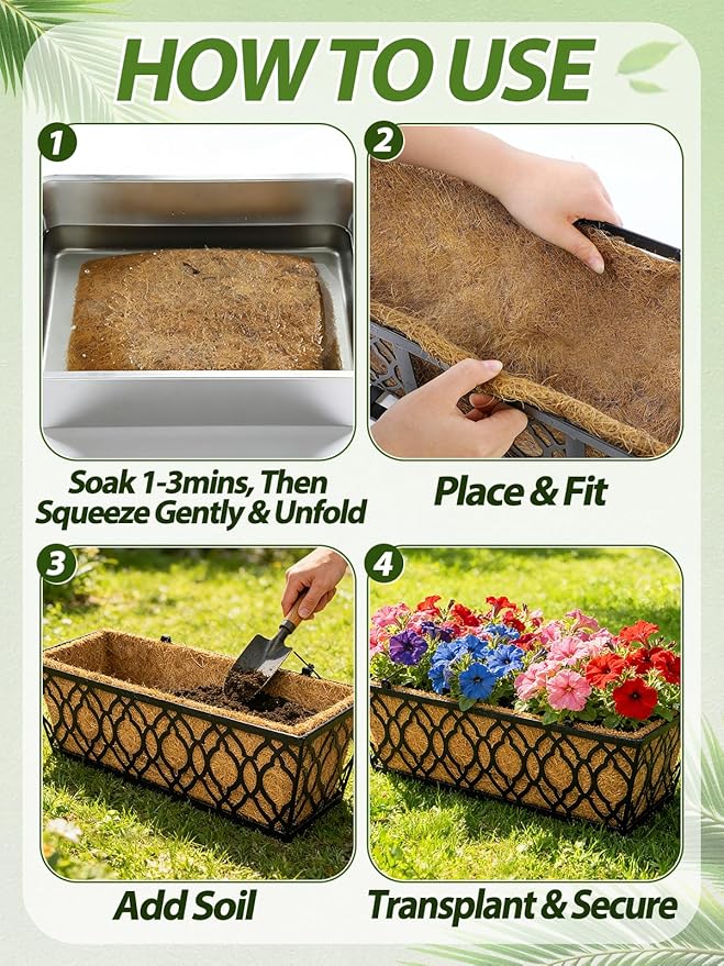 24in Tapered Coco Liners for Window Planter Box - 2 Pack 100% Natural Coconut Coir Fiber Liner Replacement for Deck Flower Box, Garden Railing Fence Wall Planter Basket