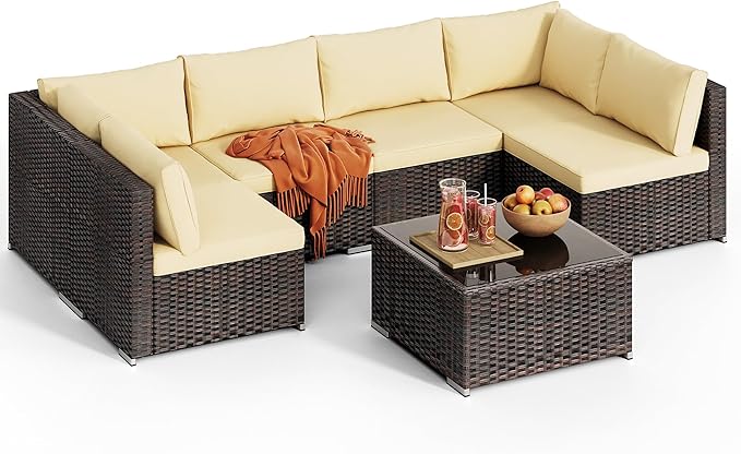 Patio Furniture Sets 7 Pieces Outdoor Sectional Rattan Sofa Manual Weaving Wicker Patio Conversation Set with Glass Table and Cushion (Beige)