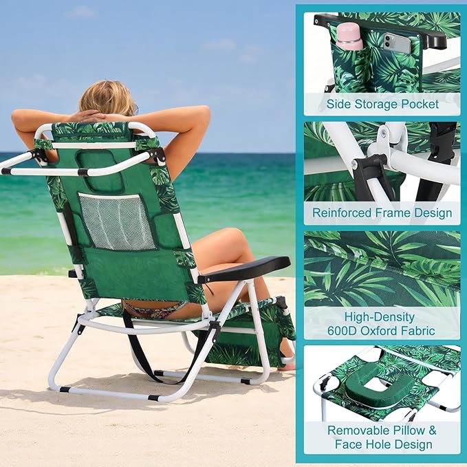 ABORON Tanning Chair with Face Hole, 5-Position Adjustable Reclining Beach Lounge Chair, Folding Face Down Sun Lounger for Beach, Poolside, Patio, Lawn, Home(Tropical Leaf)