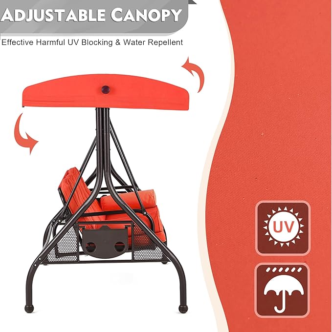 HOMREST 3 Seat Outdoor Porch Swing with Adjustable Canopy, Convertible Patio Swing Bed with Stand, Patio Glider Swing with Upgraded Cup Holder, Thicken Cushions ＆ Pillow for Backyard(Orange)