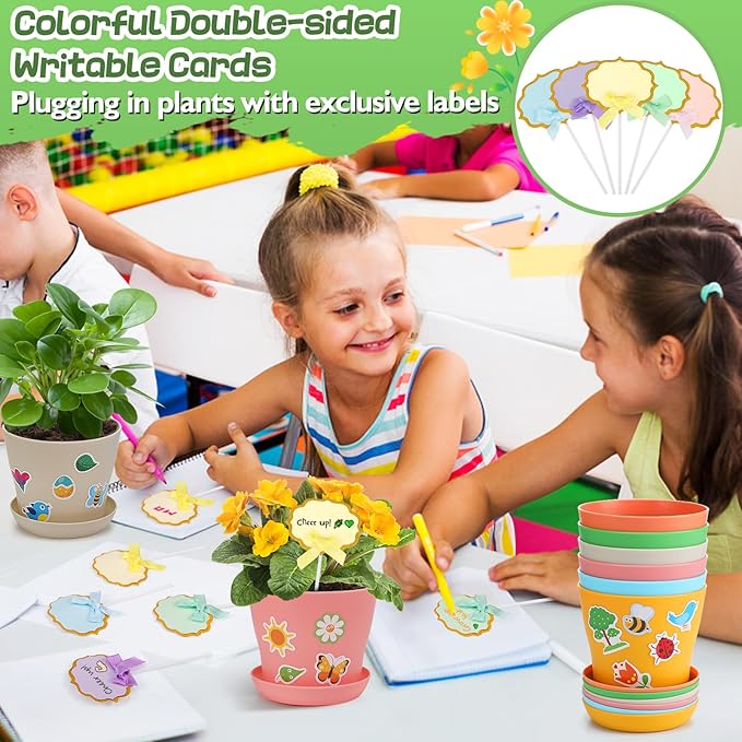 Durable Resin Garden Pot Craft Kit for Kids- 24 Pack Colorful Flower Plant Spring Crafts with Super-adhesive Stickers & Blank Labels School Activities Growing Kit for Classroom Home DIY Gift 4+ years