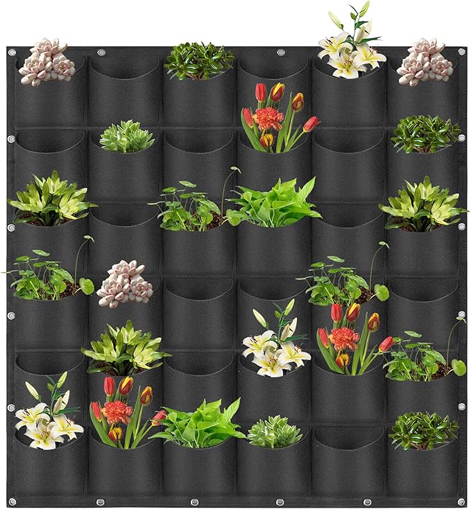 Hanging Planting Grow Bags, 36 Pockets Hanging Vertical Wall Planter Wall Mounted Grow Bag Outdoor Indoor Gardening Vertical Greening Flower Container, Planting Bags Storage Bags(1.0 m × 1.0 m, Black)