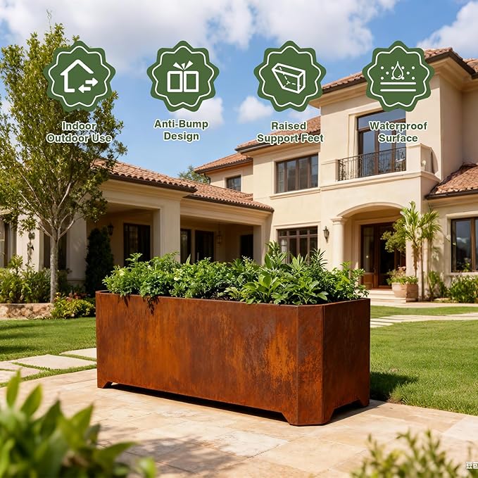Corten Steel Planter Box-36"x15"x15"-Large Rectangular Planters For Outdoor Plants, Heavy Duty Rustic Tall Planter With Raised Support Feet For Patio, Deck, Garden, Yard, Drain Holes, Easy Assembly