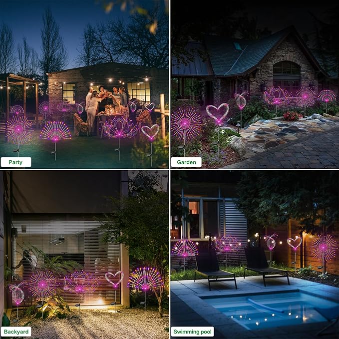 Solar Garden Lights Outdoor Waterproof, 2 Pack 120 LED Solar Firework Lights Decorative Garden Décor Outside for Flowerbed Pathway Party Halloween Christmas Decorations, Purple + Orange