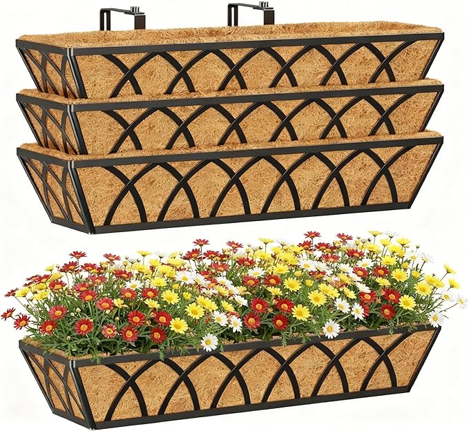 24 Inch Window Deck with Coco Liner, 24" Window Boxes Horse Trough with Coconut Coir Liner, Fence Metal Hanging Flower Planter Window Basket Deck Railing Planter Boxes for Outdoor Garden Lawn, 4pcs