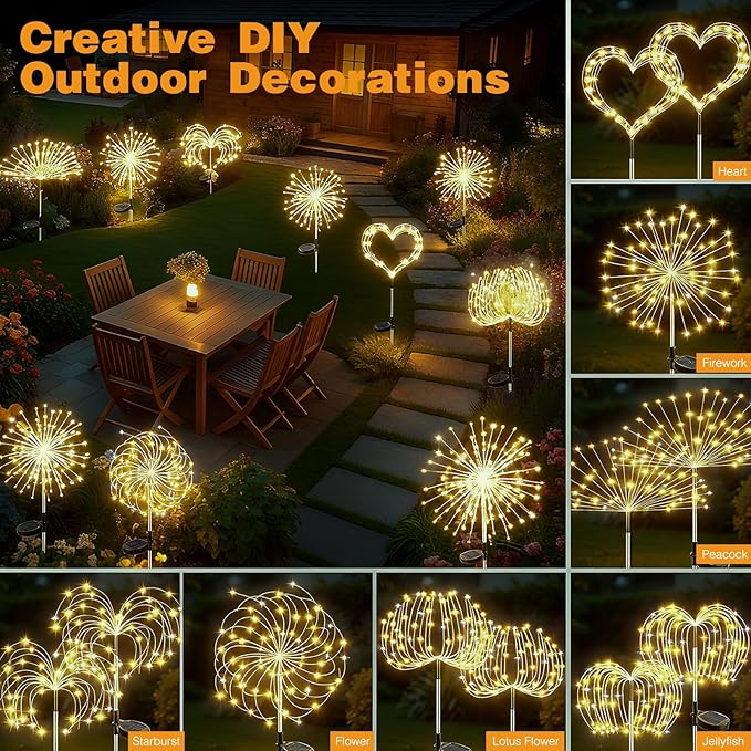 btfarm 4 Pack 120 LED Solar Garden Lights Outdoor, 8 Modes Firework Lights Solar Powered, Waterproof Twinkle Fairy Light Outside for Yard Patio Pathway Pool Christmas Party Decorative, Warm White
