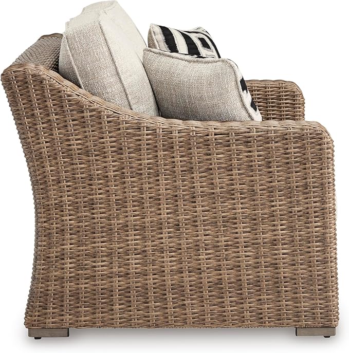 Signature Design by Ashley Beachcroft Casual Nuvella Weather Resistant Fabric, Resin Wicker Outdoor Loveseat with Cushion and 2 Accent Pillows, Dark Brown & Beige