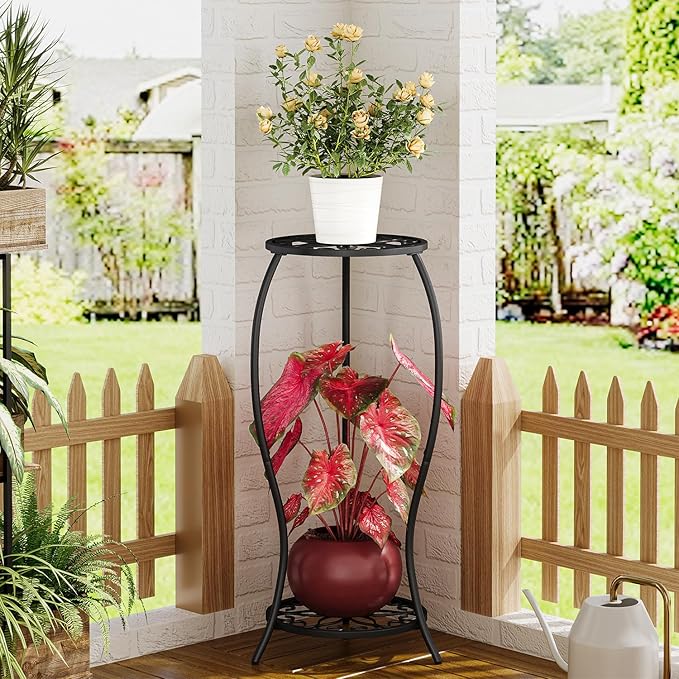 Plant Stand Indoor Outdoor, 2 Tier Metal Tall Plant Stand, Flower Pot Stand, Heavy Duty Plant Shelf Rack, Corner Plant Stand Rustproof for Planter Garden Balcony Patio Living Room