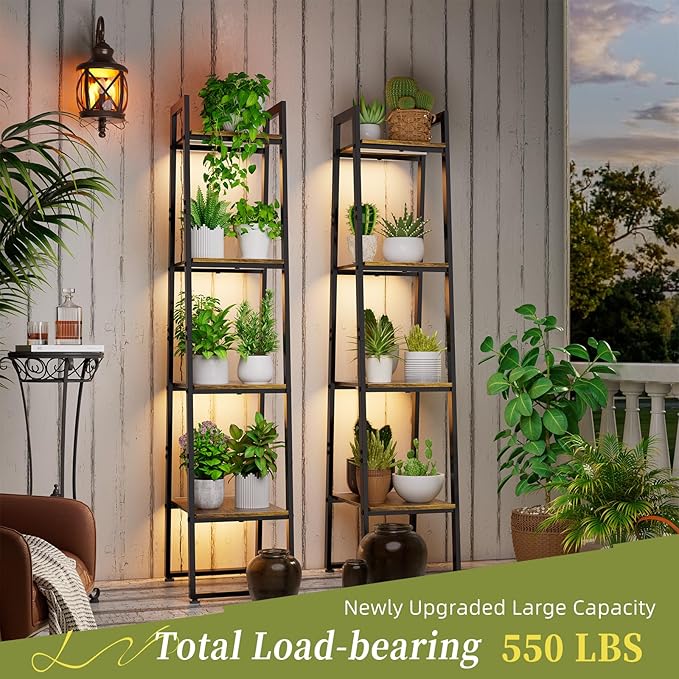 Simple Trending Tall Plant Stand Indoor with Grow Lights, 4 Tier Metal Plant Shelf for Multiple Flower Planter, Heavy Duty Ladder Plant Display Holder for Home Patio, Black