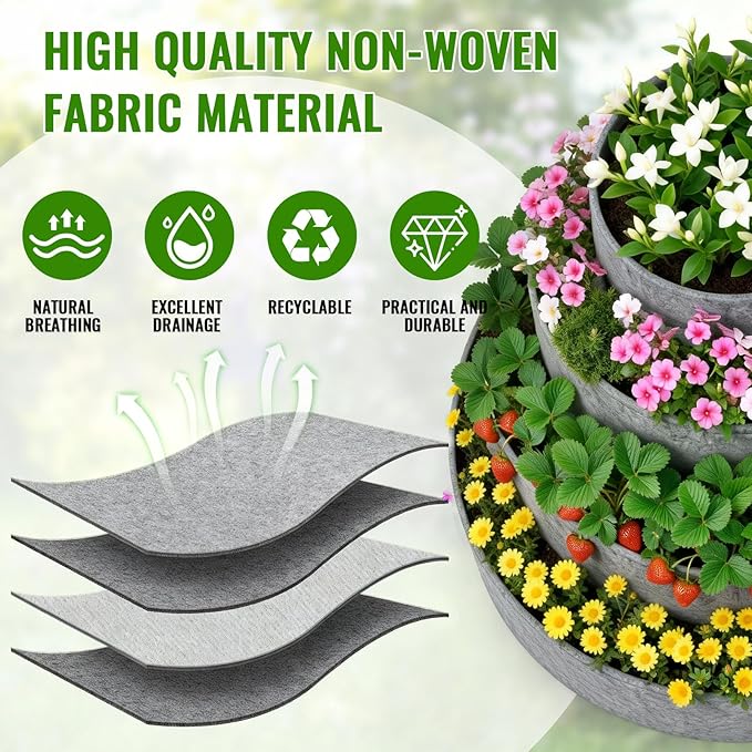 4 Pcs Plant Grow Bags 4 Tiered Strawberry Planter Tower Fabric Raised Garden Beds, 39 Inch Nonwoven Strawberry Pyramid Planter for Vegetables Flower Herbs Gardening Outdoor Growing (Gray)