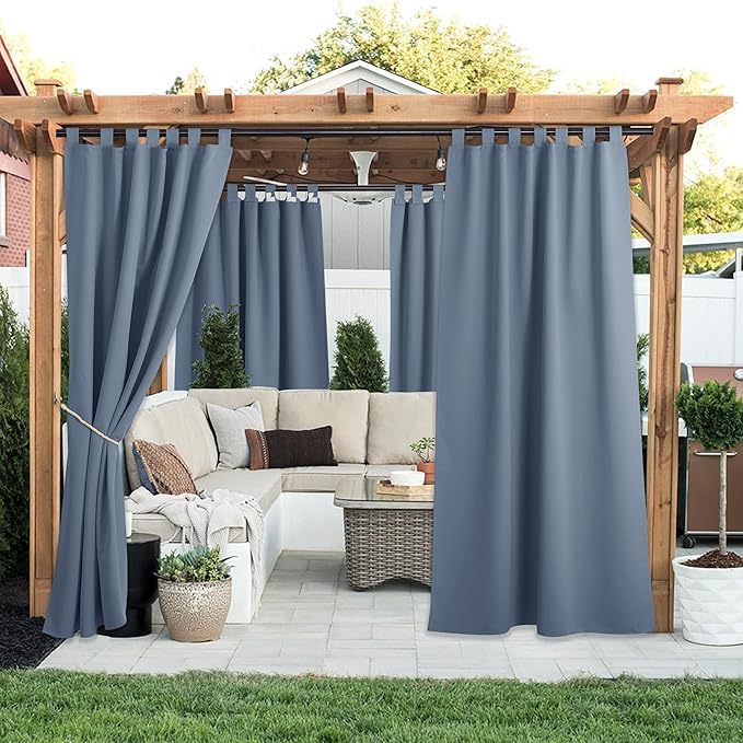 NICETOWN 2 Panels Self Stick Tab Top Outdoor Curtainss for Patio Waterproof, Indoor Outdoor Blinds Room Darkening Window Treatments Rain & Sun Blocking Drapes for Pool, W52 x L84, Stone Blue
