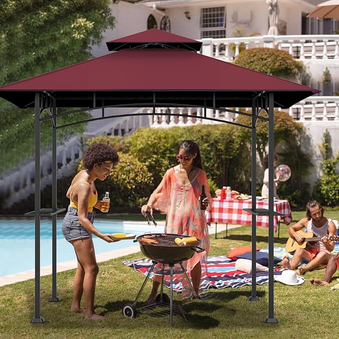 Grill Gazebo Replacement Top, 5 * 8 Outdoor BBQ Top Cover, Double Layer BBQ Gazebo Top Canopy for Model #L-GG001PST-F (Burgundy)