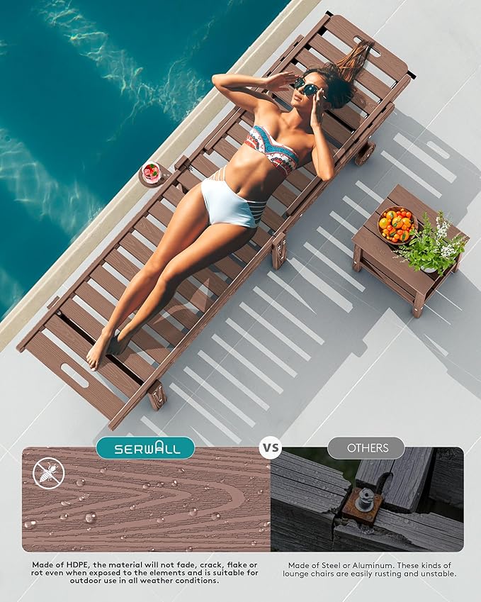 SERWALL Outdoor Chaise Lounge Set of 6, HDPE Pool Lounge Chair with 5-Position Adjustable Backrest, Patio Lounger with Rolling Wheels & Cup Holder for Pool, Brown