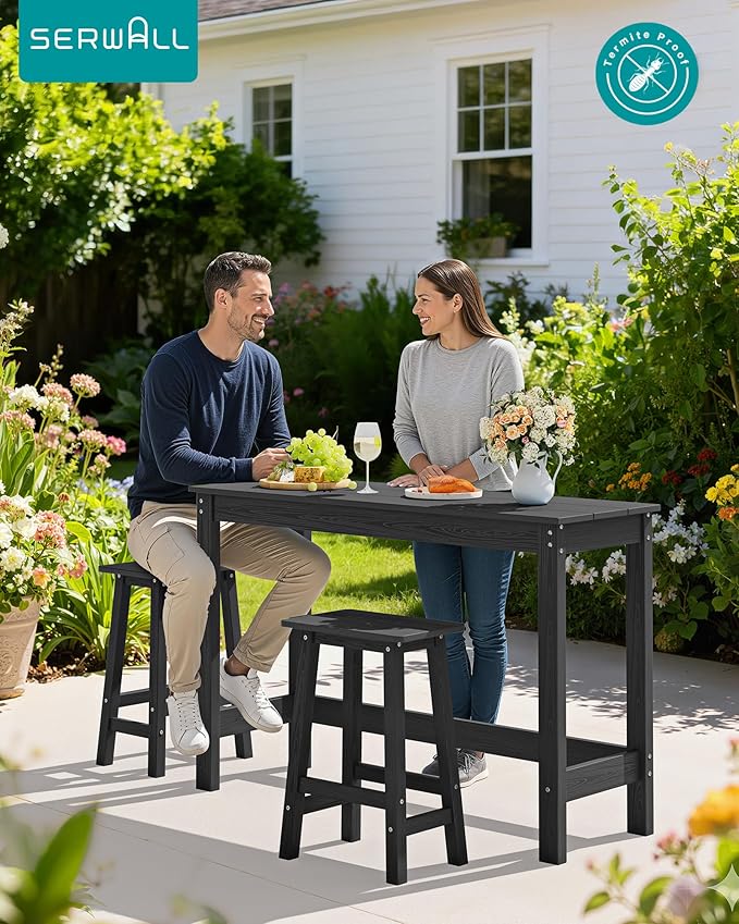 SERWALL 3-Piece Outdoor Bar Set, Rectangular All Weather HDPE Bar Height Patio Set, Outdoor High Top Table and Stools for for Outside, Poolside, Backyard, Garden, Black