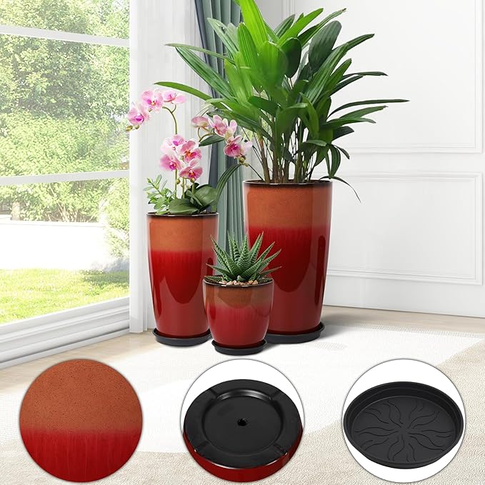 24/21/12 Inch Large Plastic Planter, Lightweight Ceramic-Look Tall Planters with Drain Hole & Saucers, Tall Plastic Planters for Porch, Garden, Patio, Balcony(Fiery Red)