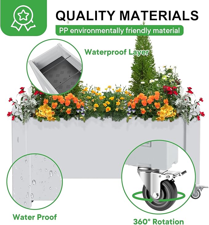 Raised Garden Bed with Wheels, 14 Gallon Self-Watering Raised Planter Box with Drainage Plug & Gauge for Vegetables Flowers Herbs Succulents, Rustproof Resin for Backyard Patio Porch (Ashen)