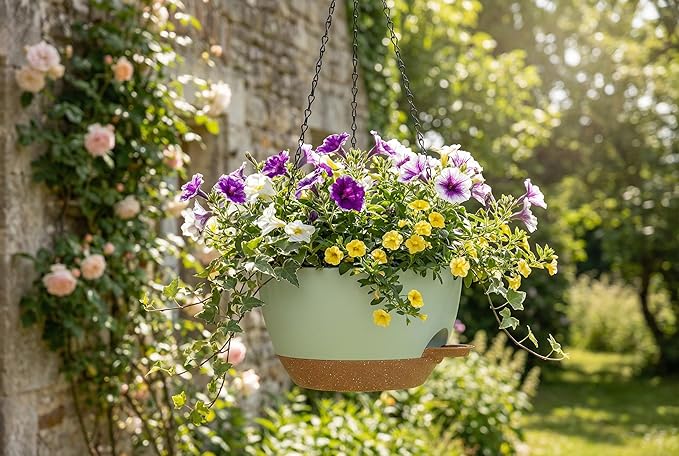 Hanging Planters, 3-Pack 10 Inch Self-Watering Pots with Drainage Holes and Chains, Matte Plastic Planters for Indoor/Outdoor Plant（Green Brown）