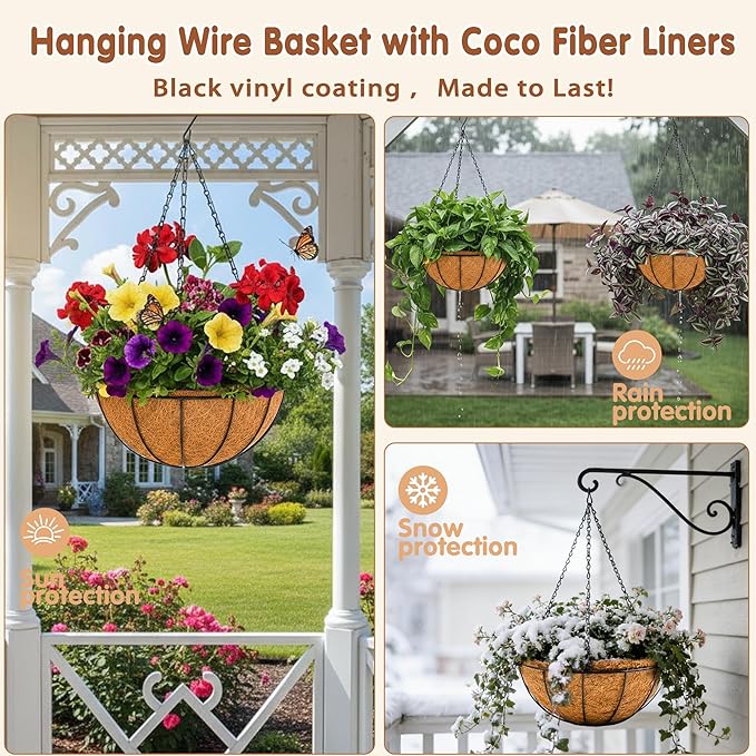 14 inch Metal Hanging Baskets For Plants Outdoor 4 Pack Round Metal Wire Hanging Basket Planter with Coco Fiber Liners Chain Round Wire Plant Holder for Garden, Patio, Deck, Porch Plants Flower Potss