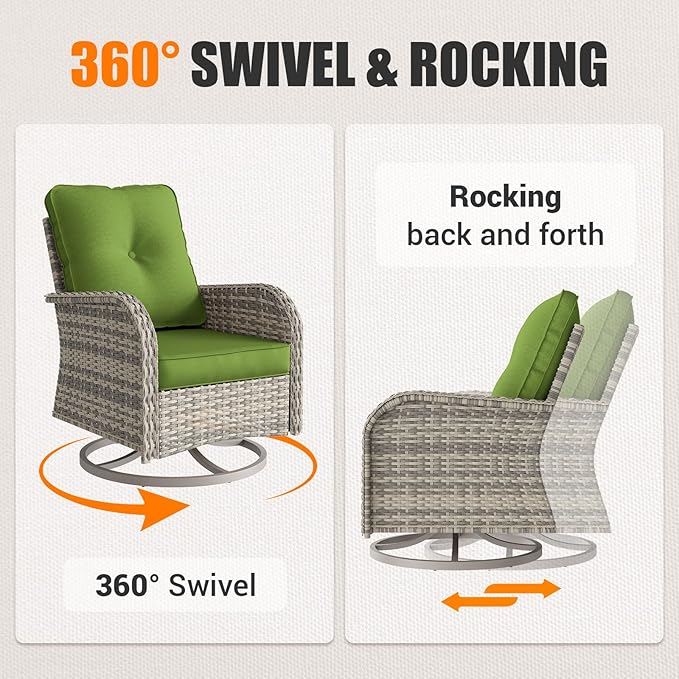 15-Piece Outdoor Patio Furniture Set with Rocking Swivel Chair Wicker Sectional Sofa Set, Patio Conversation Set with Thickened Cushions & Coffee Table for Garden, Backyard, Avocado Green