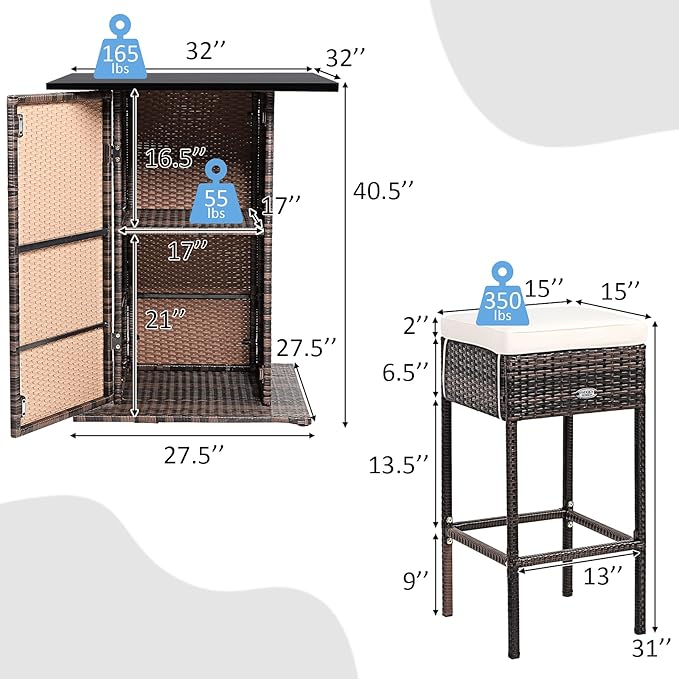 Tangkula 5 Piece Outdoor Rattan Bar Set, Patio Bar Furniture with 4 Cushions Stools and Smooth Top Table with Hidden Storage Shelf, Outdoor Conversation Set for Poolside, Backyard, Lawn