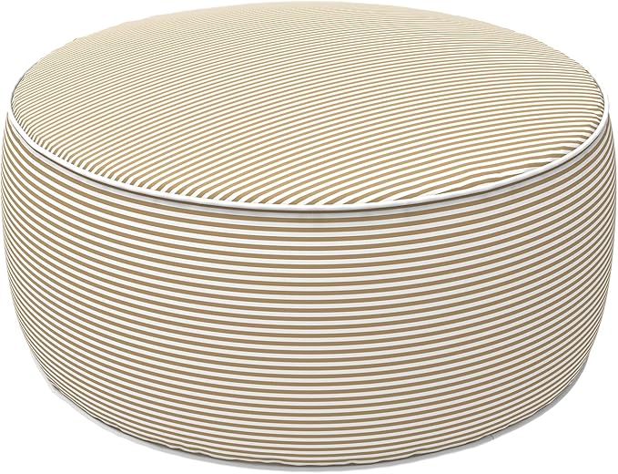 LVTXIII Outdoor Inflatable Ottoman, 21"x21"x9" Patio Fade-Resistant Footrest Stool with Handle, Portable Round Ottoman Pouf for Patio Garden, Camping or Home Use, Stripe Beige