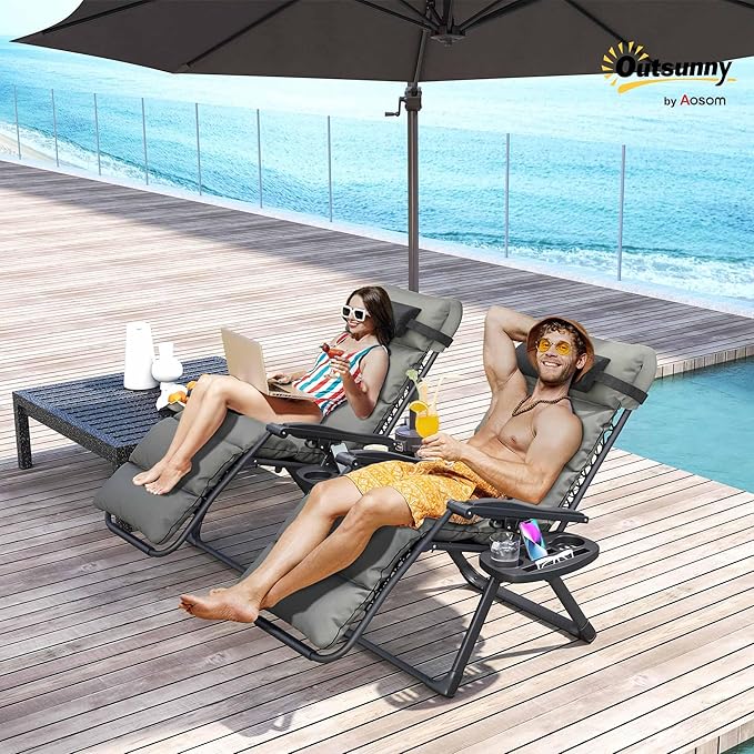 Outsunny Zero Gravity Chairs Set of 2, Reclining Folding Zero Gravity Lounge Chair, Outdoor Lounge Chairs with Removable Cushion, Headrest, and Cup Phone Holder Tray for Patio, Beach, Gray
