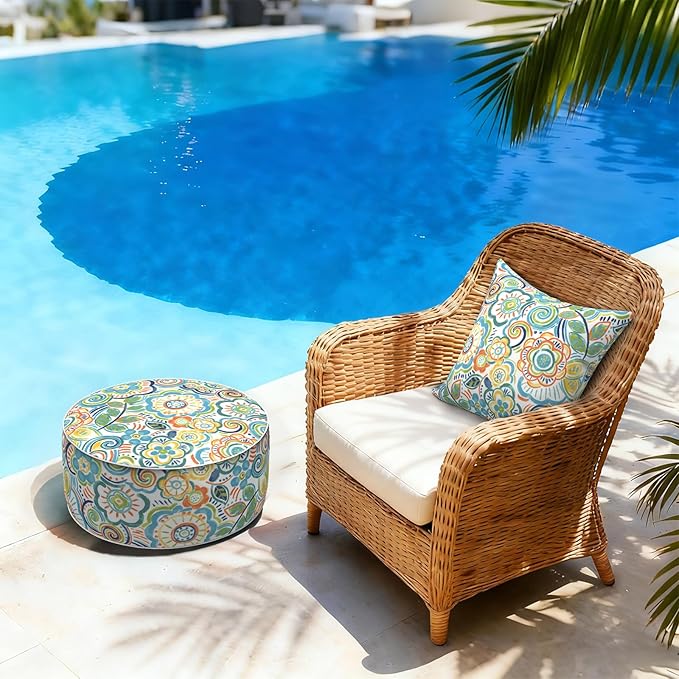 LVTXIII Outdoor/Indoor Inflatable Stool Ottoman, All Weather Patio Footrest Pouf, Portable Round Ottoman for Patio Garden, Camping or Home, D21xH9 Inches, Flower Blue