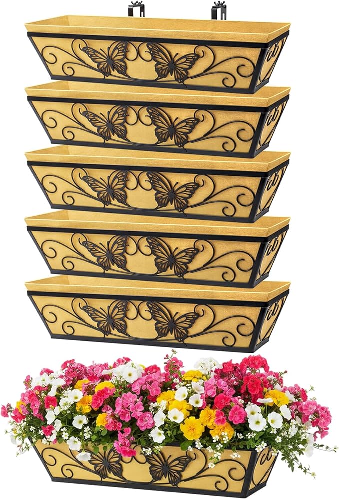 6 Pack 24 Inch Window Boxes Planter Railing Planters Box with Adjustable Brackets for Porch Deck Balcony Hanging Butterfly Decorative Flower Baskets & Non-Woven Fabric Liner for Outdoor Plants - Black