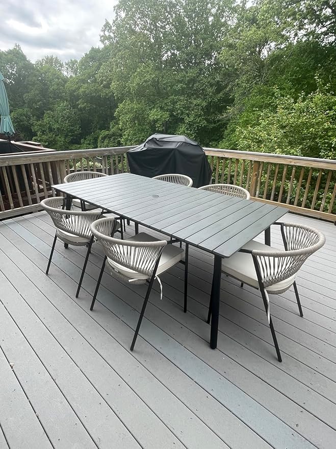 83" Patio Outdoor Dining Table for 6-8, Weather-Resistant Aluminum Frame with Wood-Grain Top & Umbrella Hole for Deck Gatherings, Grey