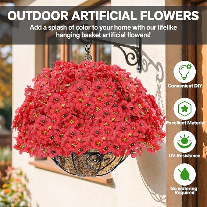 60 Pack Artificial Flowers for Outdoor Indoor Fake Plants, Faux Silk Flowers for Outdoors Outside Front Porch Hanging Planter Window Box Garden Spring Decoration(Red)