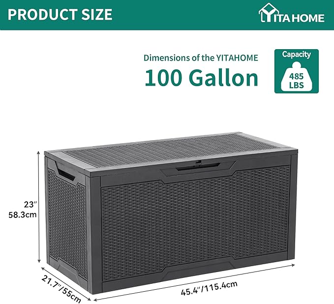 YITAHOME 100 Gallon Resin Deck Box, Weather Resistant Outdoor Storage Box, Lockable Indoor Outdoor Storage for Supplies and Essentials, Dark Gray