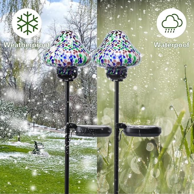 Solar Outdoor Lights Decorative Solar Glass Mushroom Lights Waterproof LED Waterproof Garden Stake Light for Walkway Pathway Lawn Patio Yard Decorations 2 Pack Multi