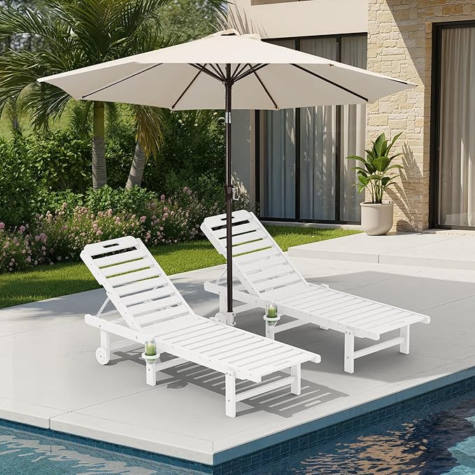 SERWALL Outdoor Chaise Lounge Set of 2 with 9FT Patio Umbrella, HDPE Pool Lounge Chair with 5-Position Adjustable Backrest, Patio Lounger with Rolling Wheels & Cup Holder for Pool, White
