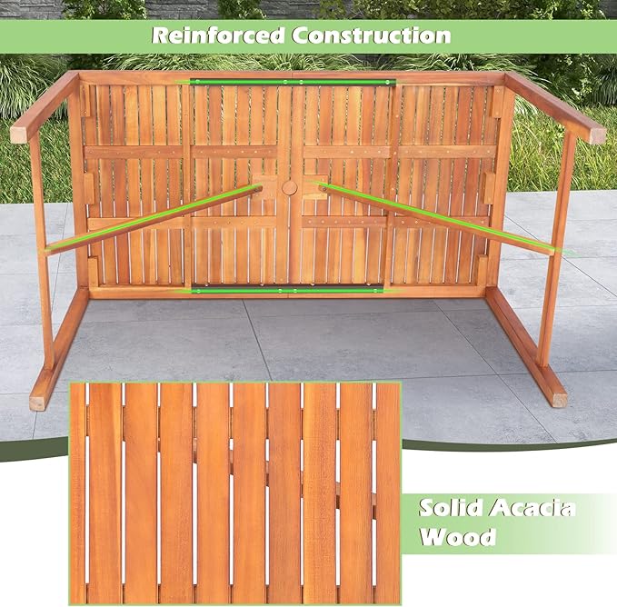 Tangkula 55" Acacia Wood Outdoor Dining Table for 4-6 Person, Rectangular Patio Dining Table with 2" Umbrella Hole and Support Bars, Indoor Outdoor Dining Furniture for Deck, Garden, Poolside & Yard